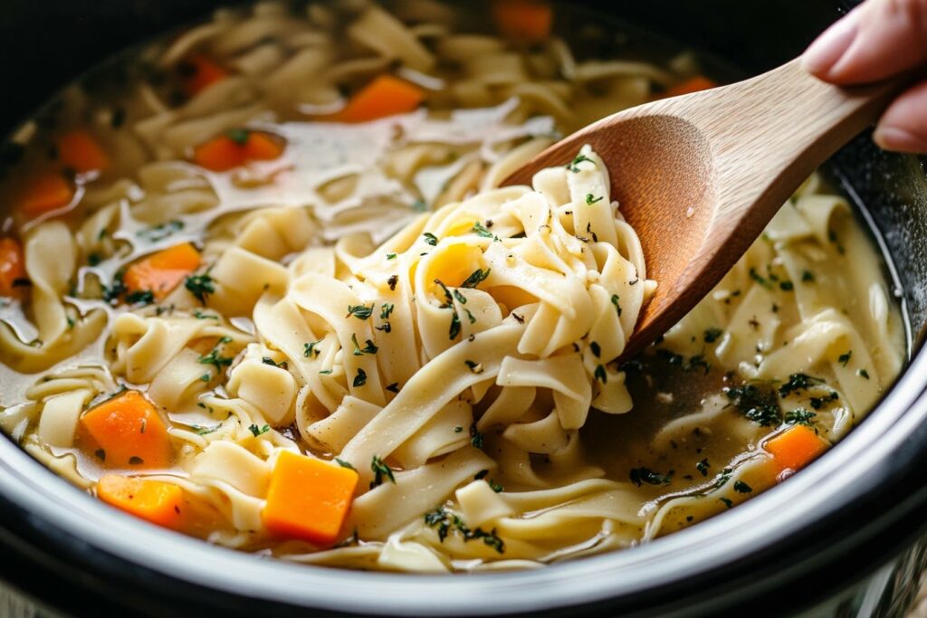 Perfectly cooked noodles in a crockpot, surrounded by vegetables and broth.