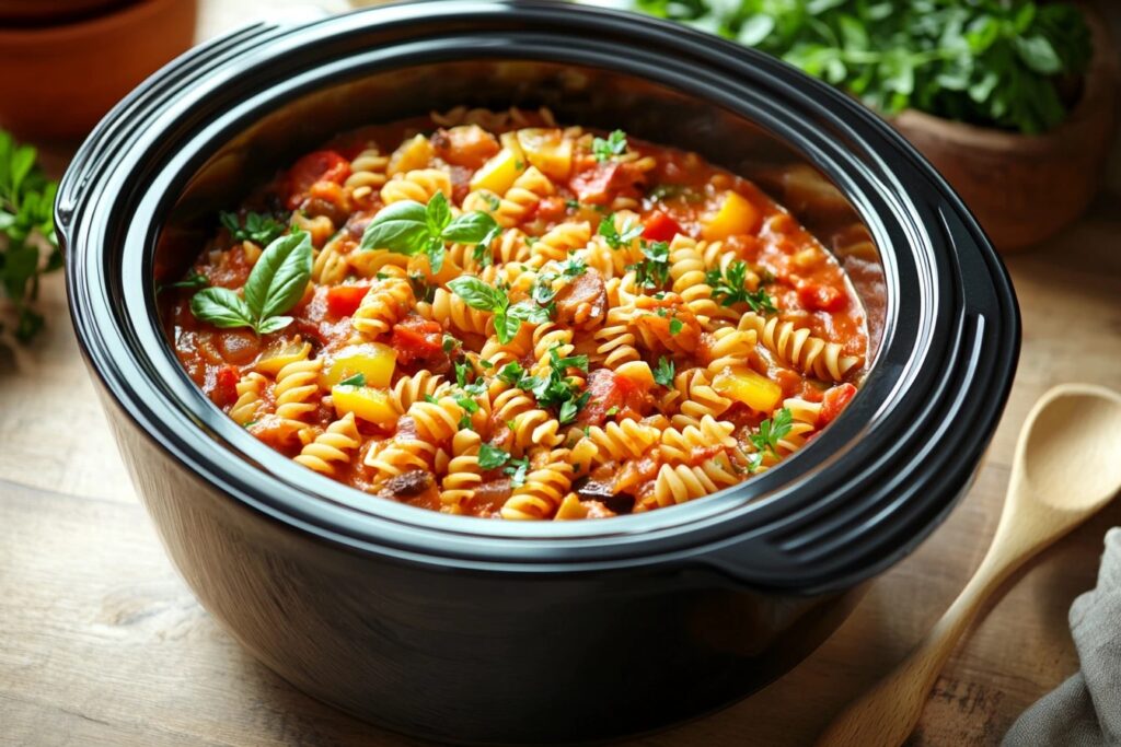 A crockpot filled with dry noodles, vegetables, and sauce, ready to cook.