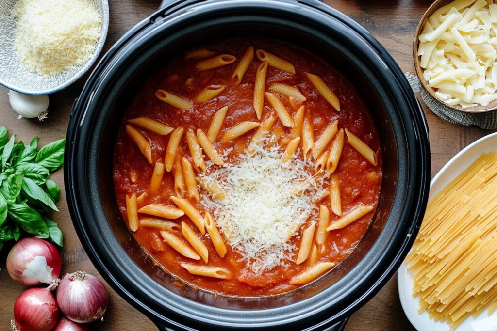 Dry pasta being stirred into a slow cooker with tomato sauce.