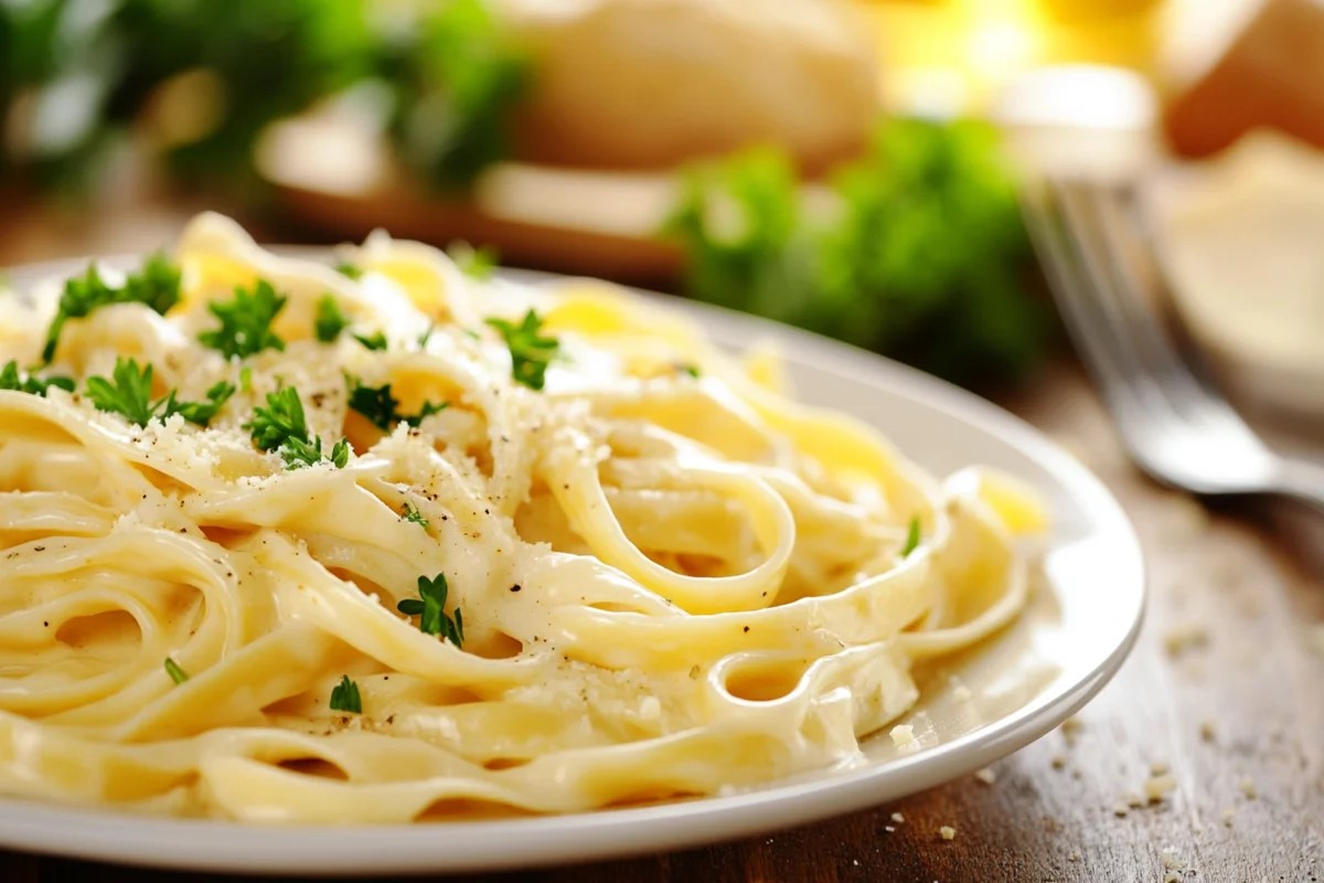 Authentic Fettuccine Alfredo garnished with parsley.