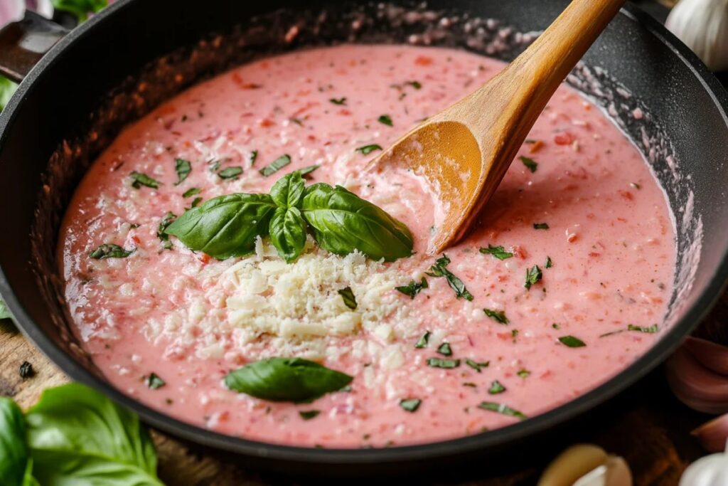 Skillet of pink sauce being prepared with Alfredo and marinara.