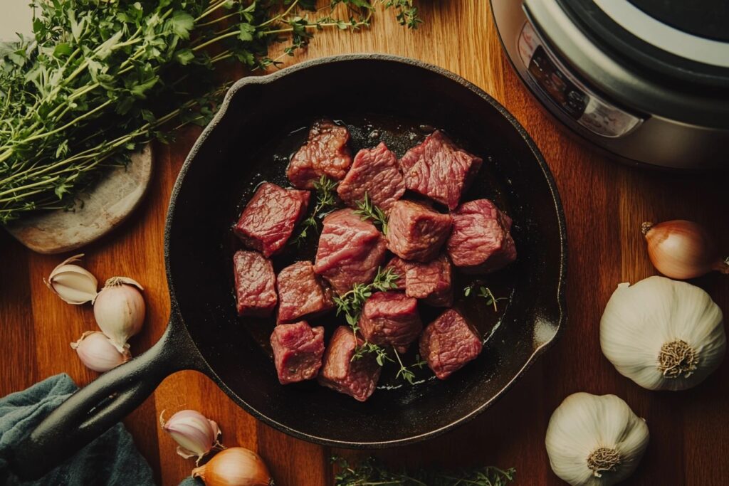 Beef tips being browned in a skillet for crockpot beef tips and noodles.