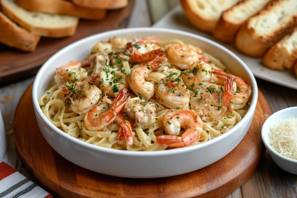 Creamy chicken and prawn pasta on a rustic table.