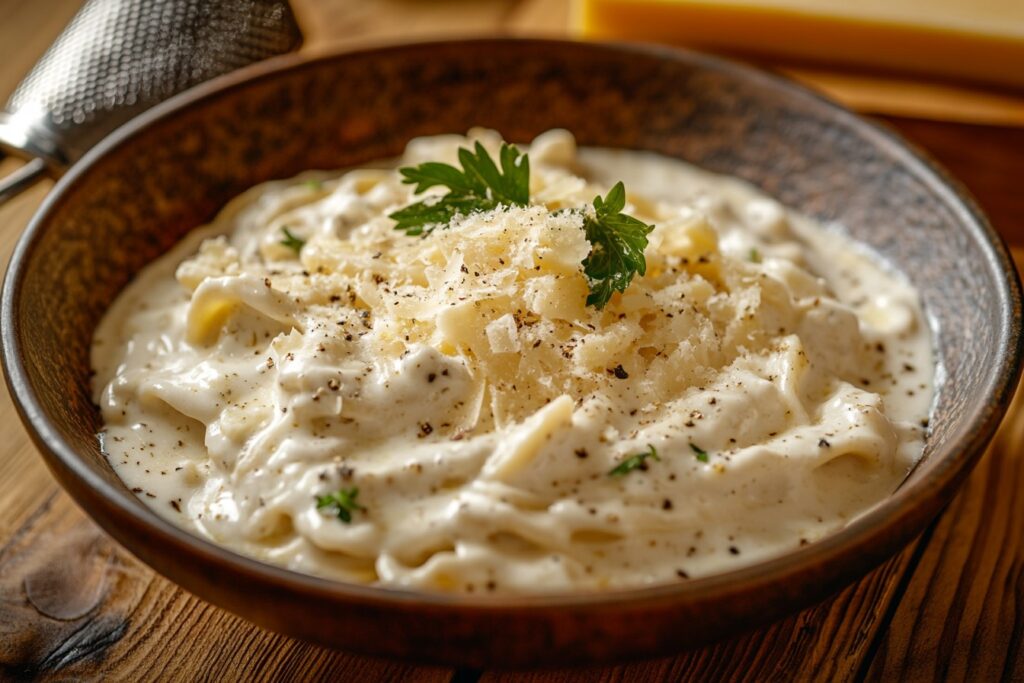 Spaghetti Alfredo served in a ceramic bowl with Parmesan and parsley.