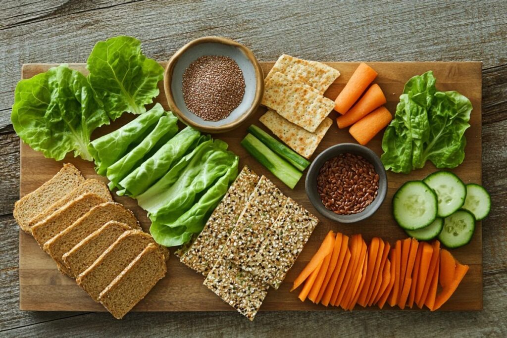 Flat lay of diabetic-friendly bread alternatives like almond flour bread, lettuce wraps, and flaxseed crackers.