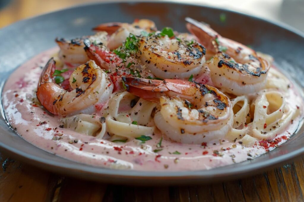 Fettuccine pasta with pink sauce and grilled shrimp.