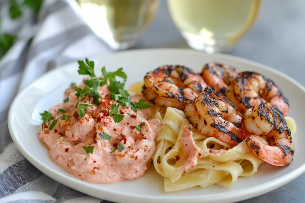  Fettuccine pasta with pink sauce and grilled shrimp.