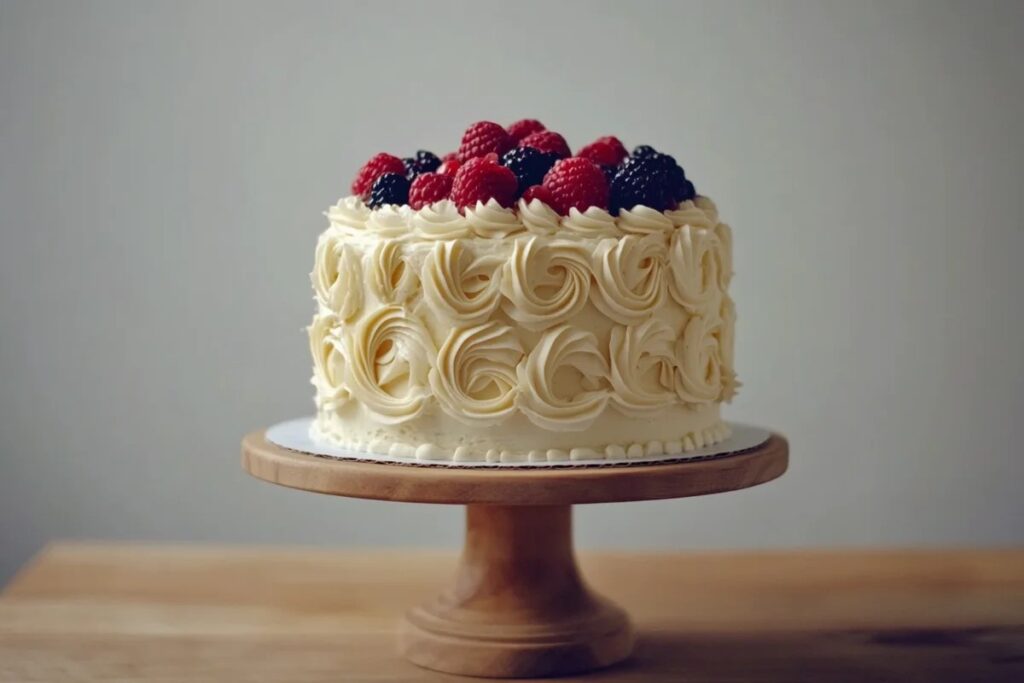 Frosted vanilla cake with buttercream swirls, berries, and mint on a stand.