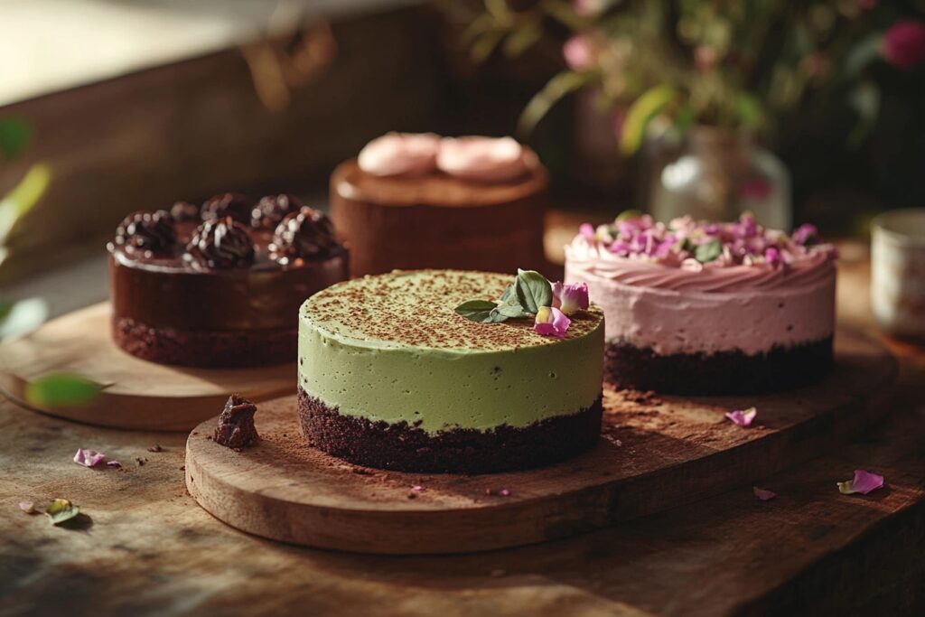 Cakes inspired by global flavors: matcha, rosewater, and espresso.