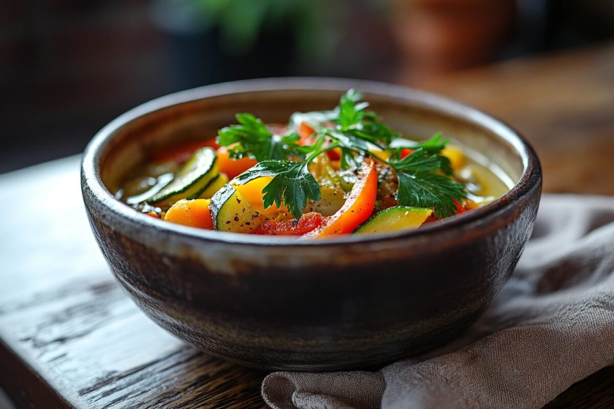 A vibrant bowl of vegetable soup with roasted vegetables and fresh parsley.