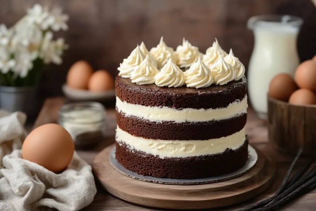 Chocolate cake decorated with frosting and edible flowers, surrounded by fresh ingredients on a rustic table.