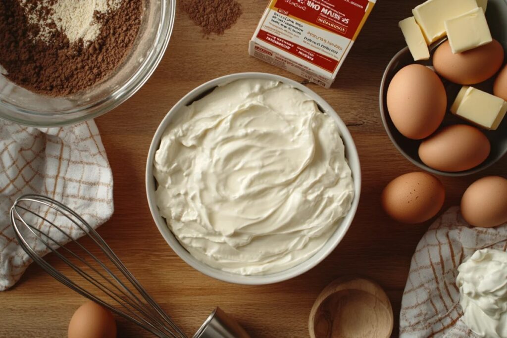 Cake mix ingredients including sour cream, eggs, and butter on a wooden countertop.