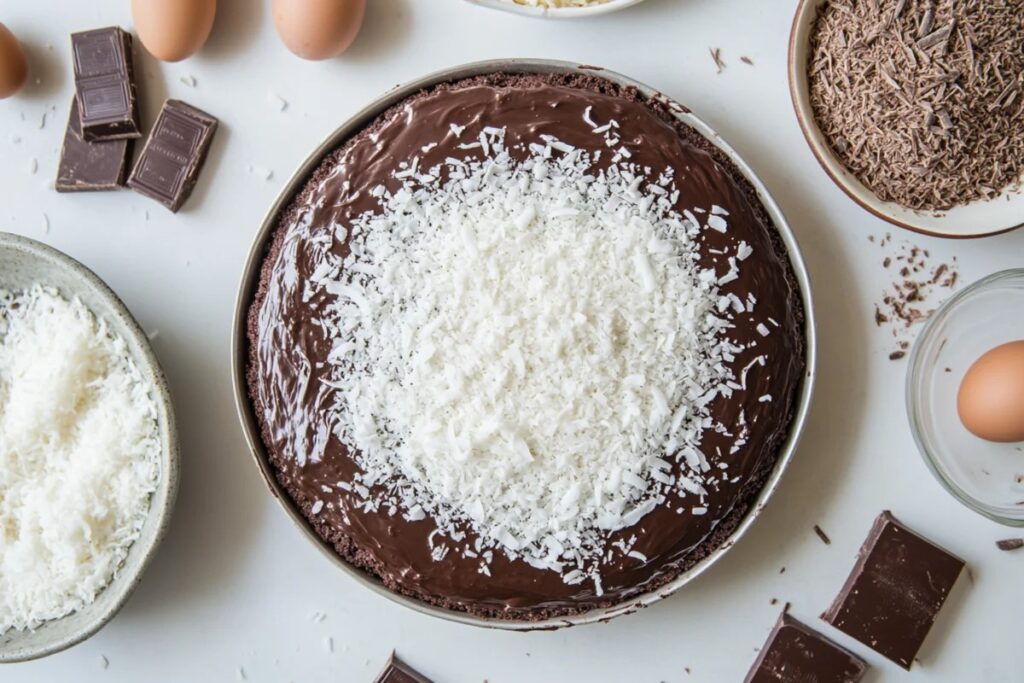 Preparing Mounds Cake with coconut filling and chocolate layers.