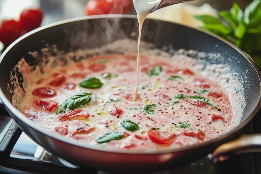 Pink sauce preparation in a skillet with cream and tomatoes.