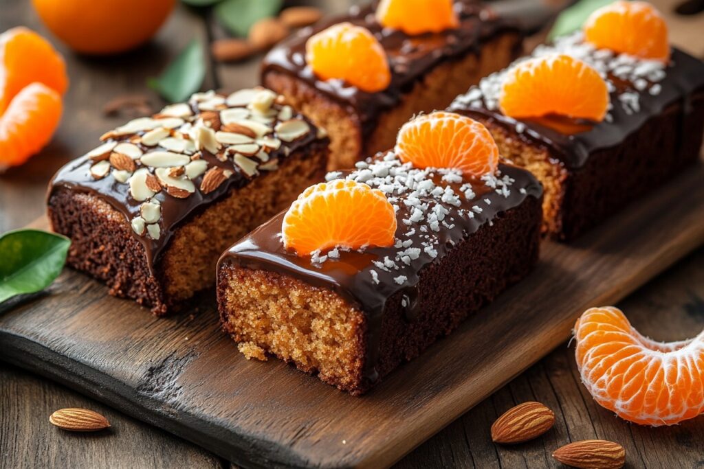 Three variations of mandarin orange cake with unique toppings.