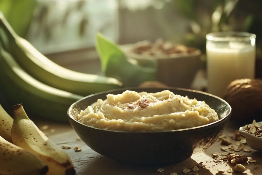 Bowl of mashed bananas with healthy toppings.