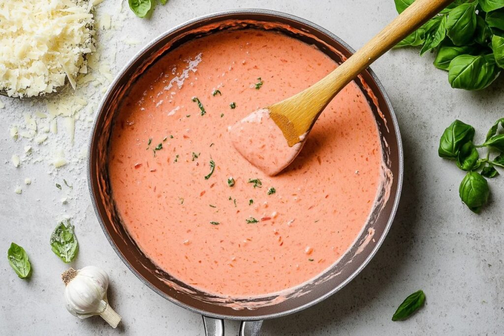  Skillet with pink sauce made by mixing Alfredo and marinara.