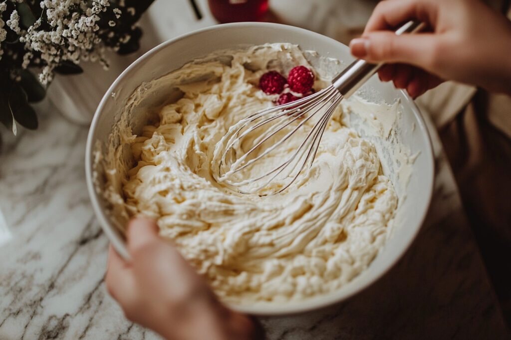 Mixing cake batter with sour cream and fruit puree on the side.