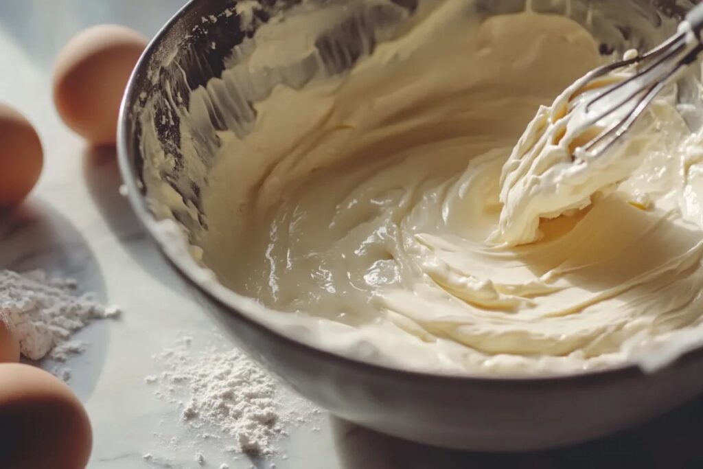  Close-up of mixing bowl with creamy batter, surrounded by eggs, milk, and butter.