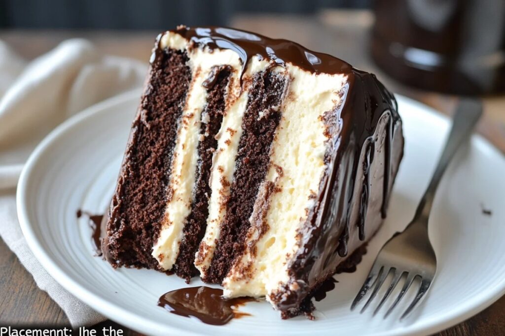 Slice of chocolate cake made with sour cream, showing a moist crumb and ganache topping.