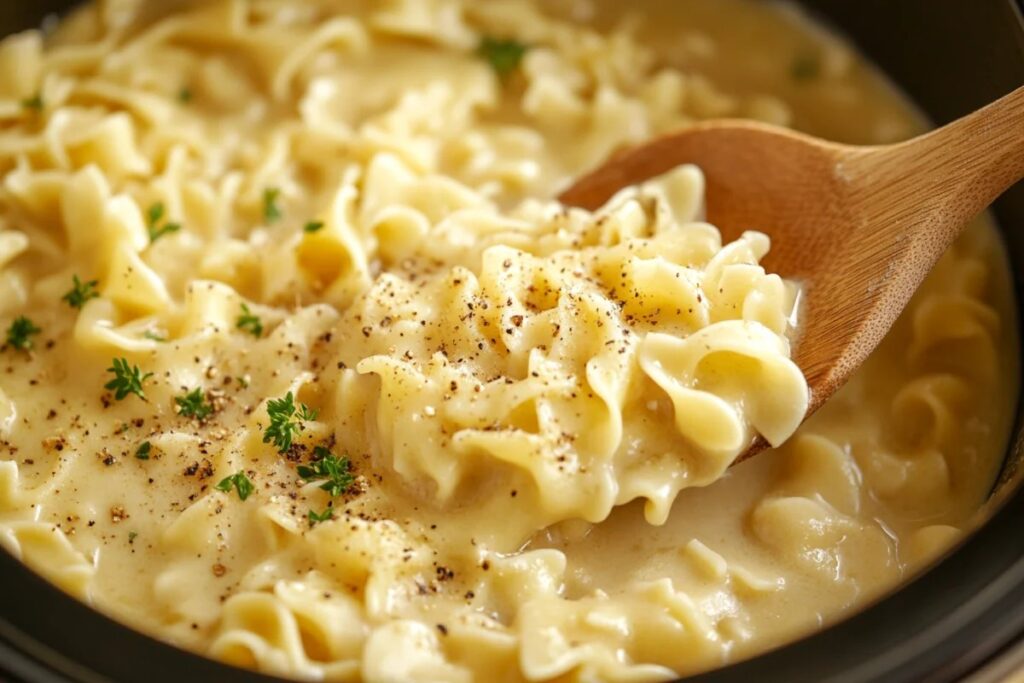 Overcooked mushy egg noodles in a Crockpot with a wooden spoon.