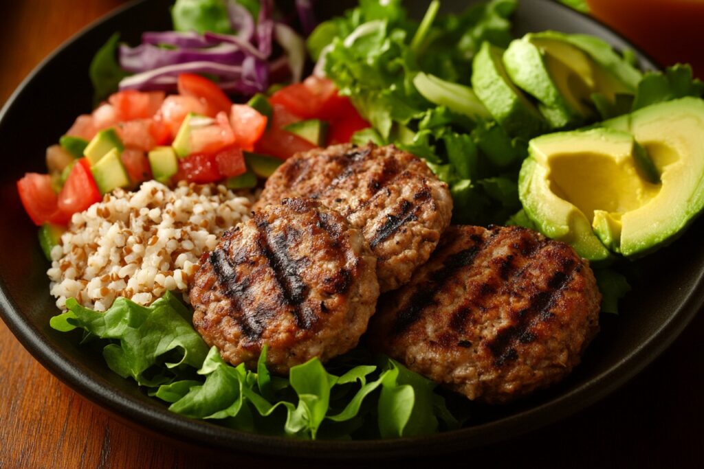 Healthy ground chicken meal with salad and grains