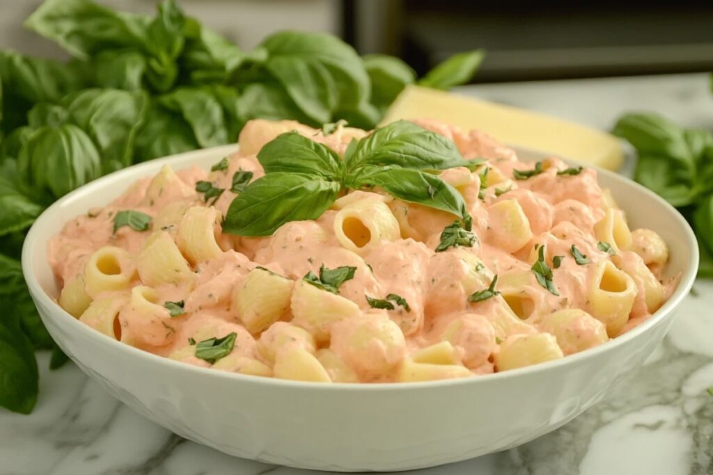 dinner with pasta in pink sauce.