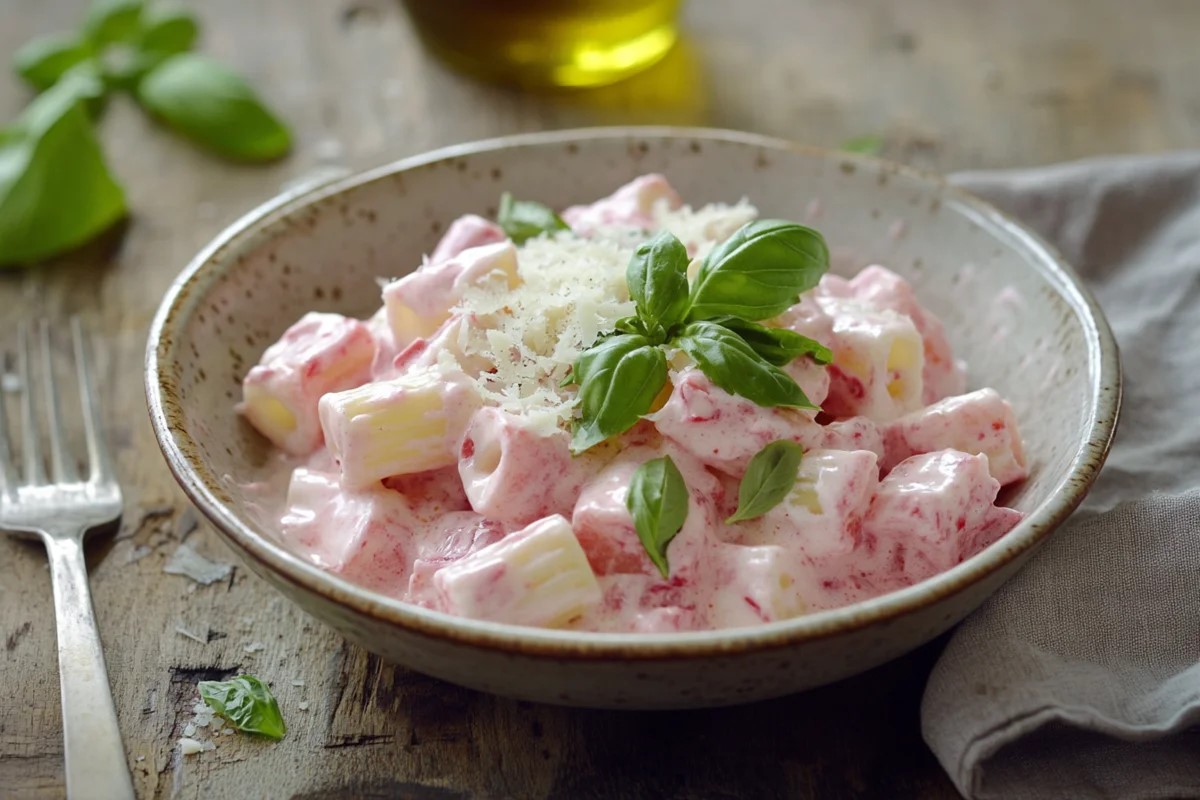 Penne pasta in creamy pink sauce with basil and Parmesan.