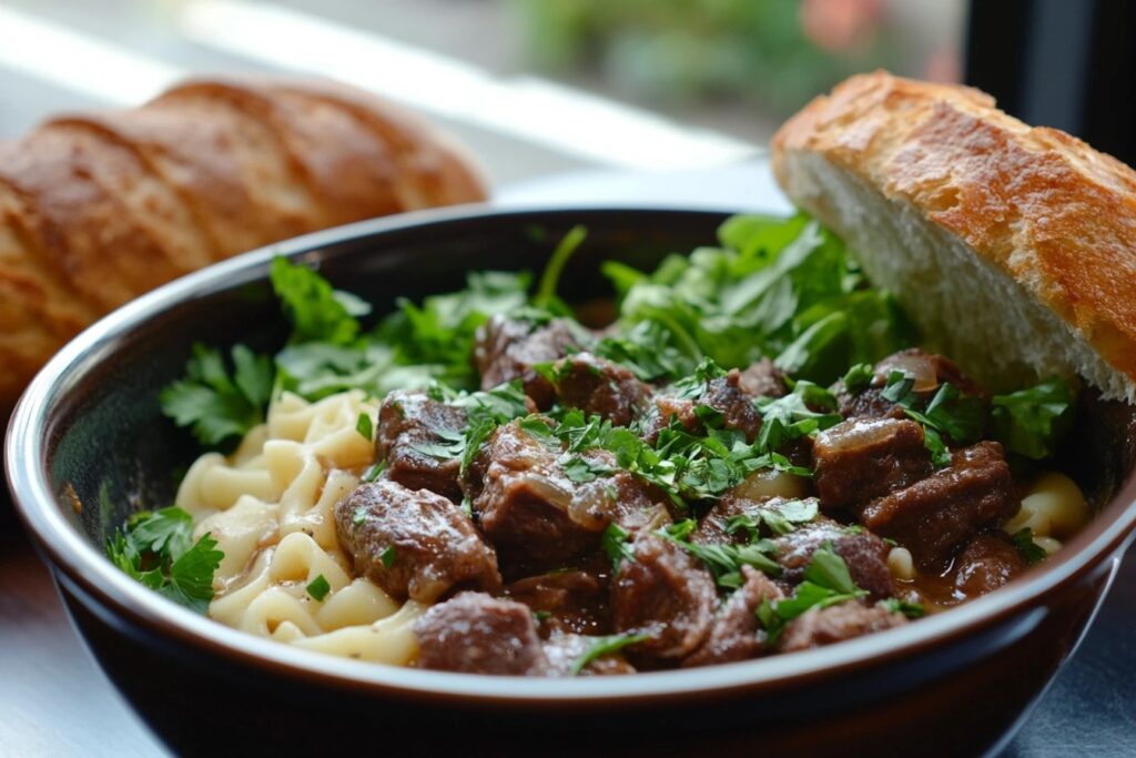 Crockpot beef tips and noodles served with salad, bread, and wine.