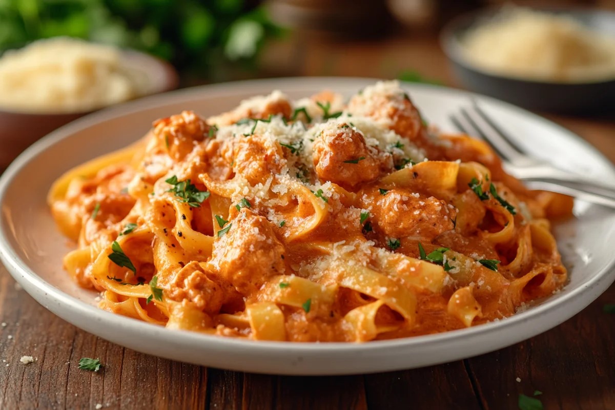 A creamy fettuccine pasta dish garnished with Parmesan and parsley.