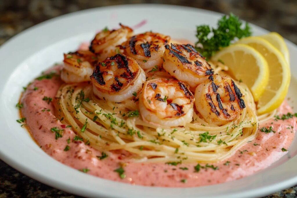  Spaghetti in pink sauce with grilled shrimp and parsley.