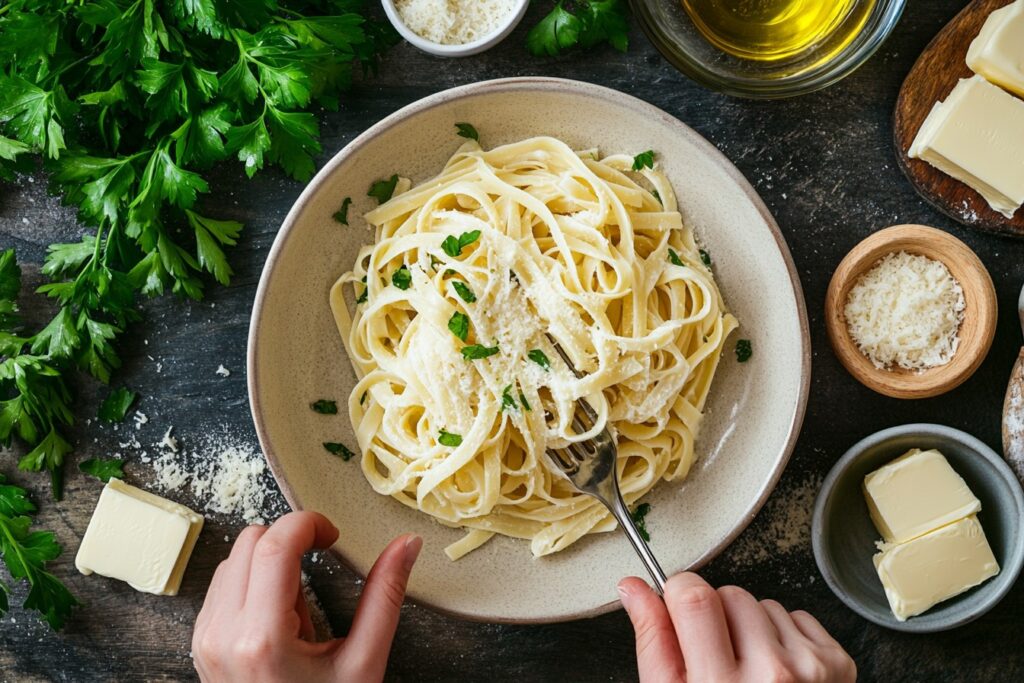 Tossing Fettuccine Alfredo in a home kitchen.