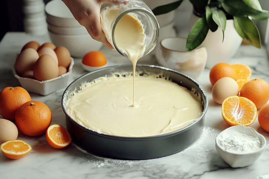 Cake batter being poured into a pan with ingredients nearby.