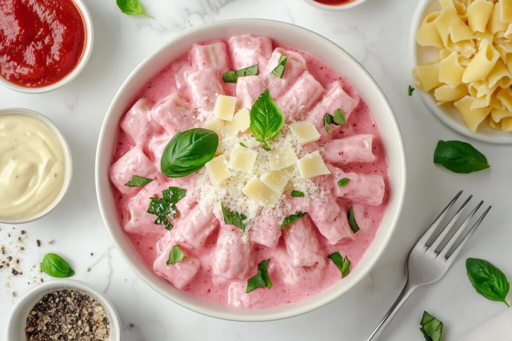 Rigatoni pasta with creamy pink sauce garnished with basil.