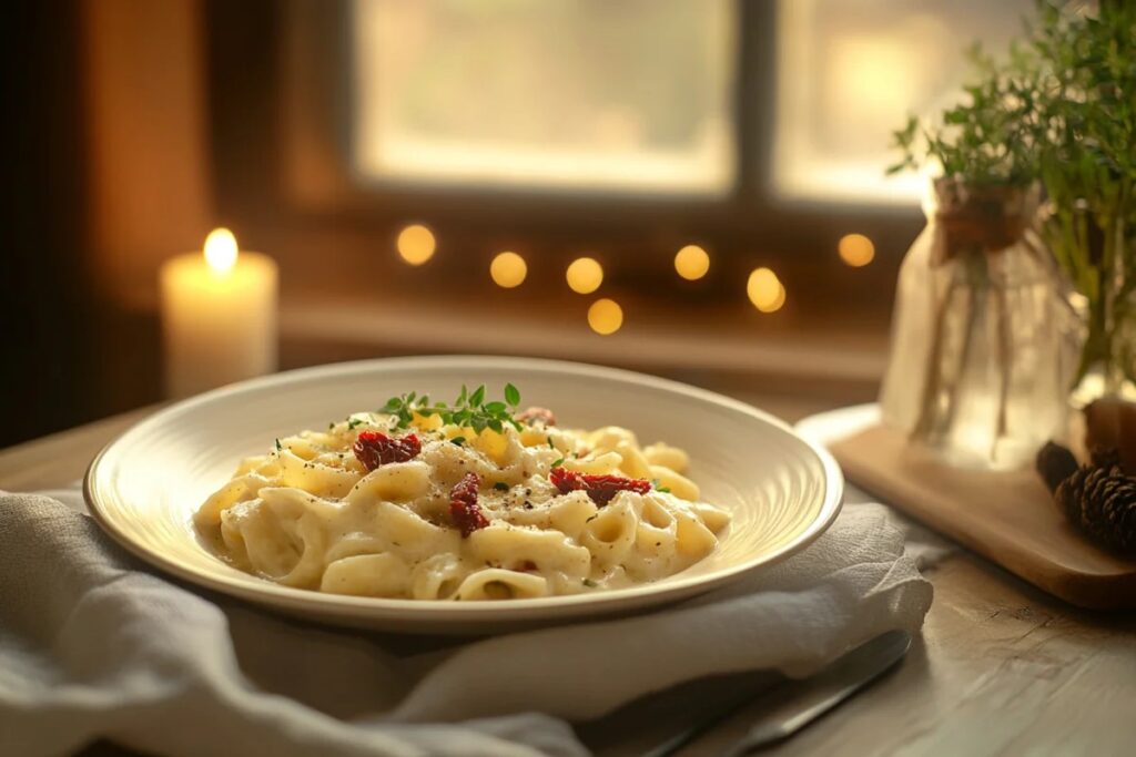 Romantic dinner with marry me pasta and candlelight.