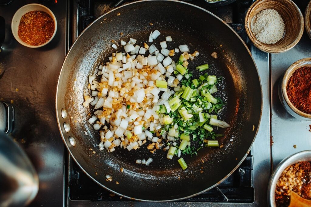 Sautéed onions, garlic, and celery in a pan with olive oil.