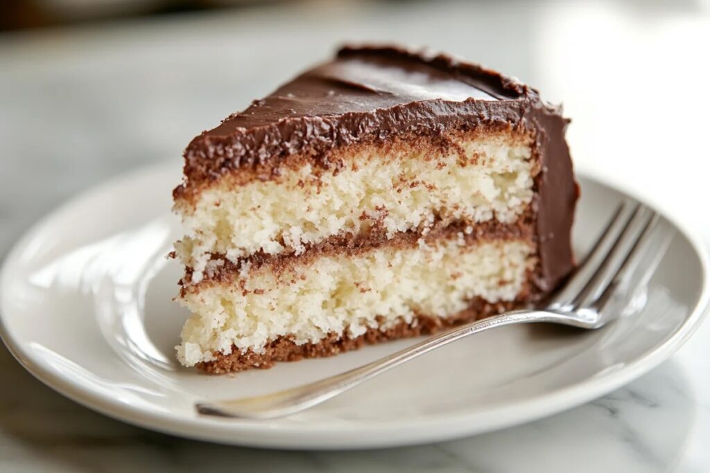 Close-up slice of Mounds Cake with chocolate layers and creamy coconut filling.