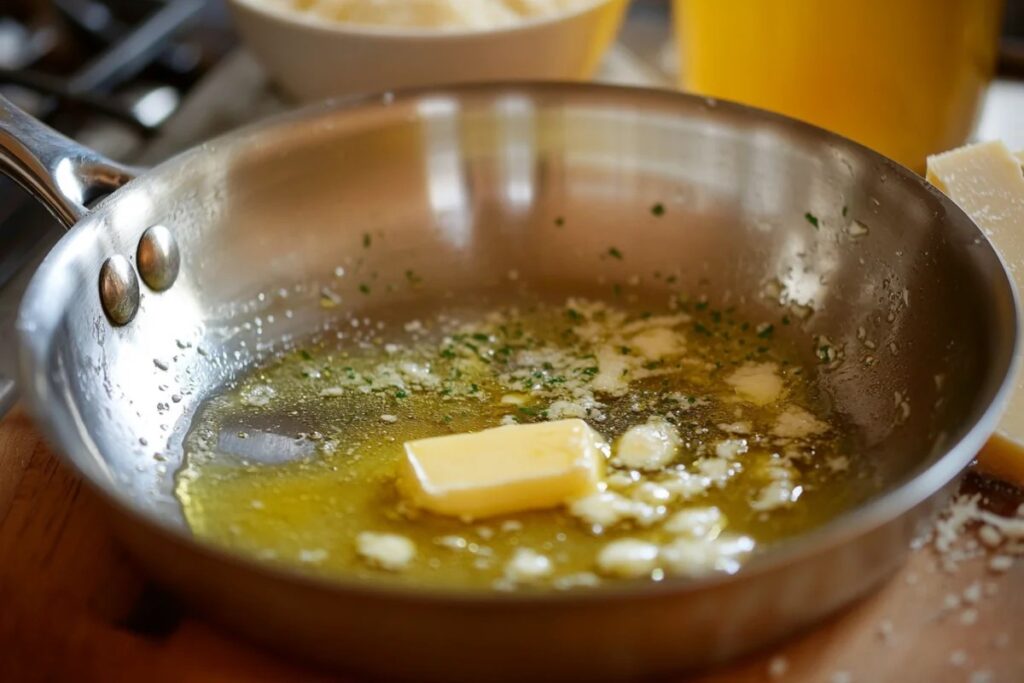 Butter melting in a pan with garlic for a creamy pasta sauce.