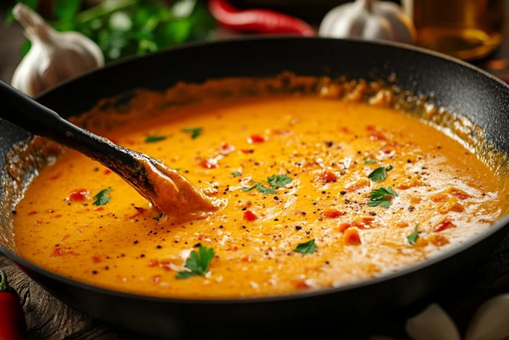 Rich vodka sauce cooking in a skillet.