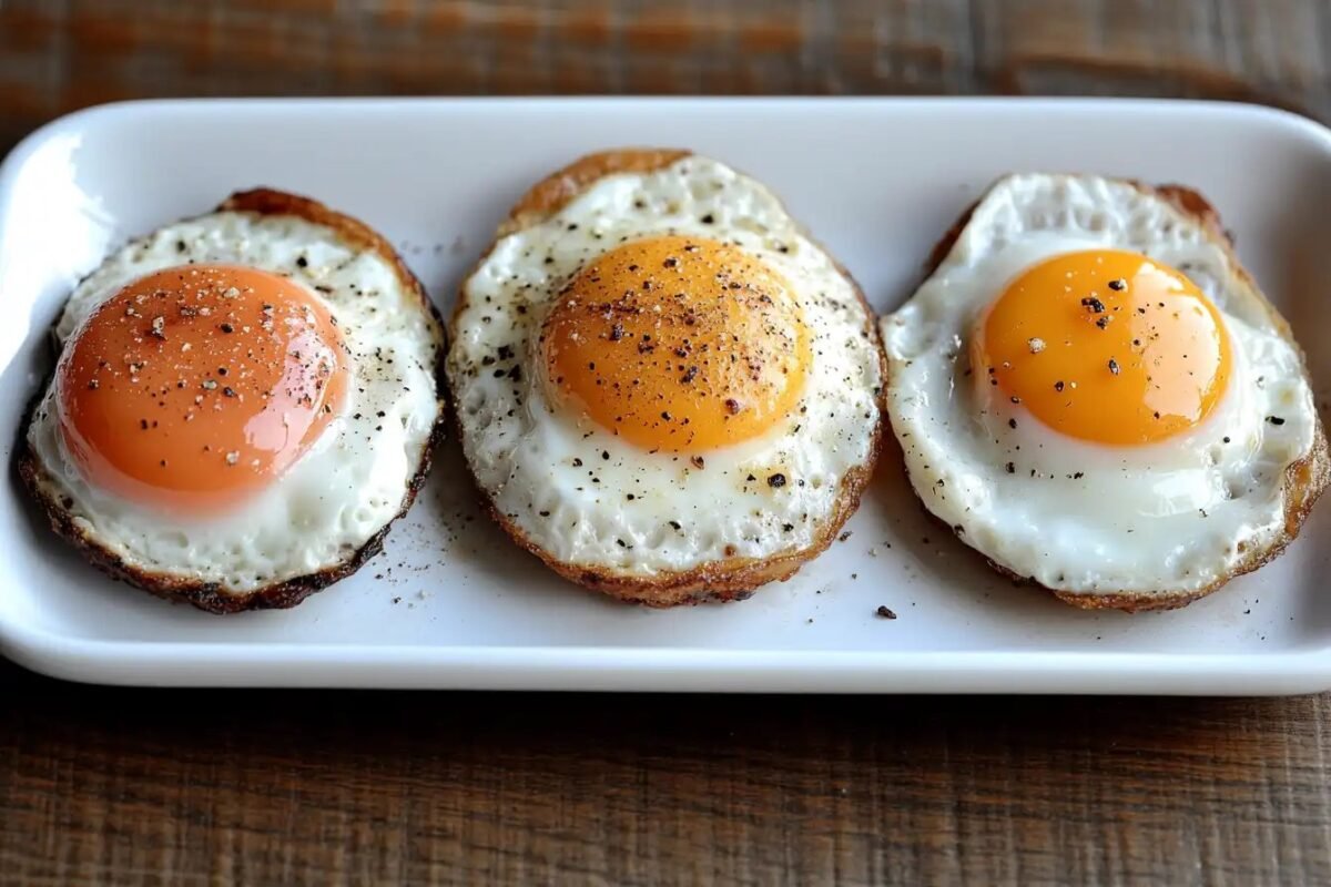 Four types of fried eggs on a plate: sunny side up, over easy, over medium, and over hard.