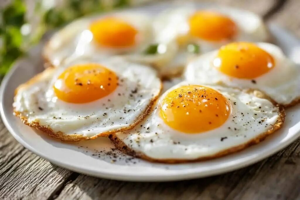 Sunny side up egg frying in a skillet with butter.