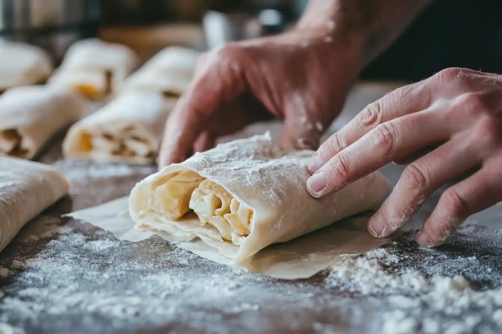 Wrapping a breakfast burrito tightly in parchment paper