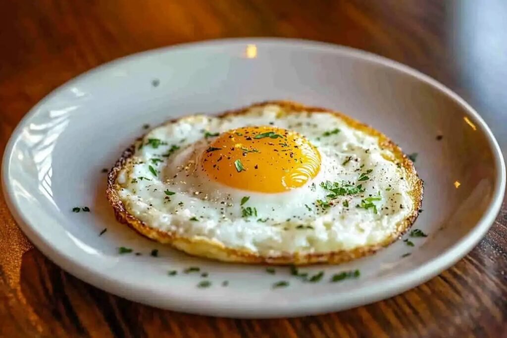 Egg frying in a skillet with butter melting along the edges.