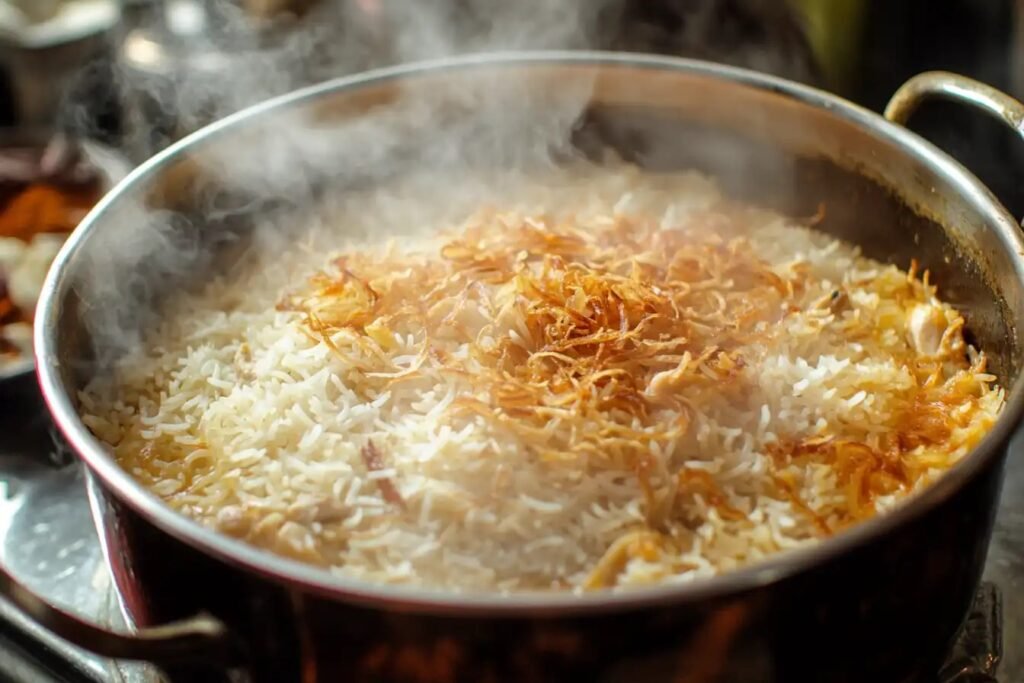 Pot of chicken breyani layered with rice, chicken, and fried onions.