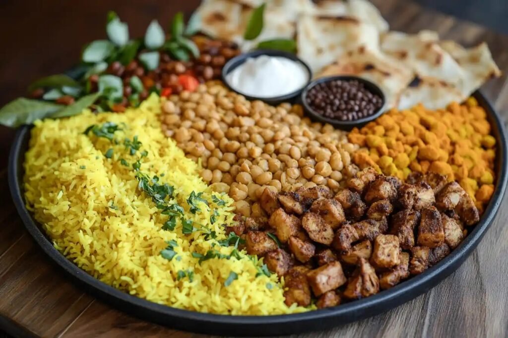 "Cape Malay Breyani with yellow turmeric rice and lentils on a platter