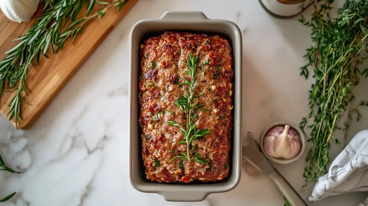 juicy meatloaf sliced on a cutting board