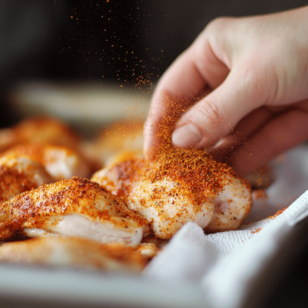 Patting chicken wings dry and seasoning for crispy coating