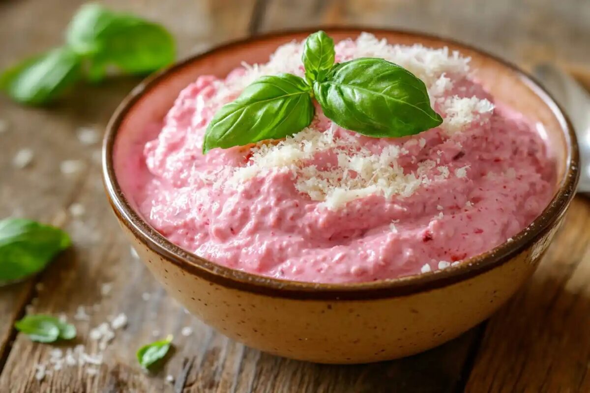 A bowl of creamy pink sauce with fresh basil and Parmesan.