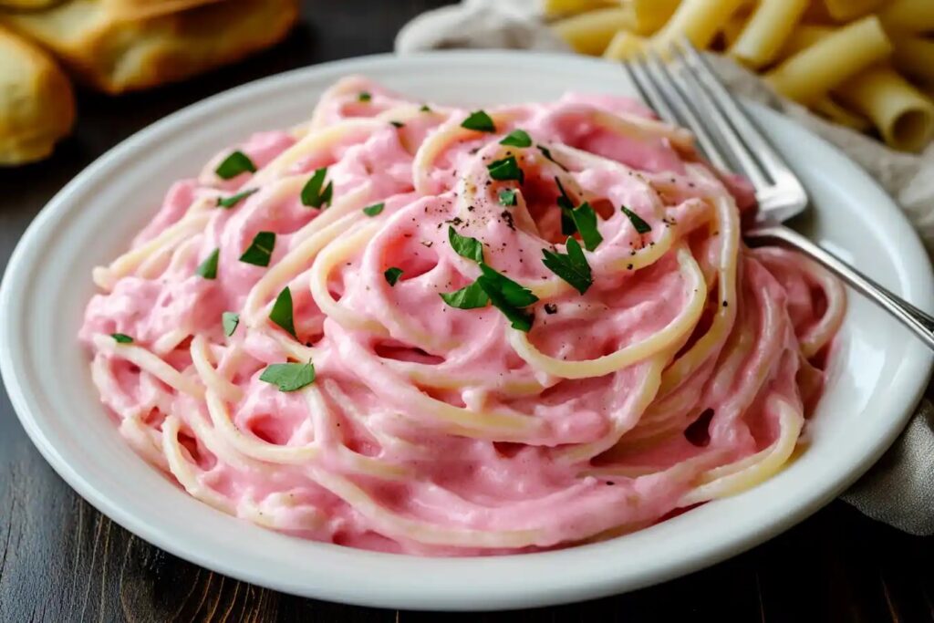 A plate of pasta coated in pink sauce with parsley garnish.