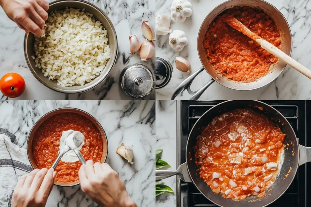 teps for making pink sauce, from sautéing to the final creamy sauce.